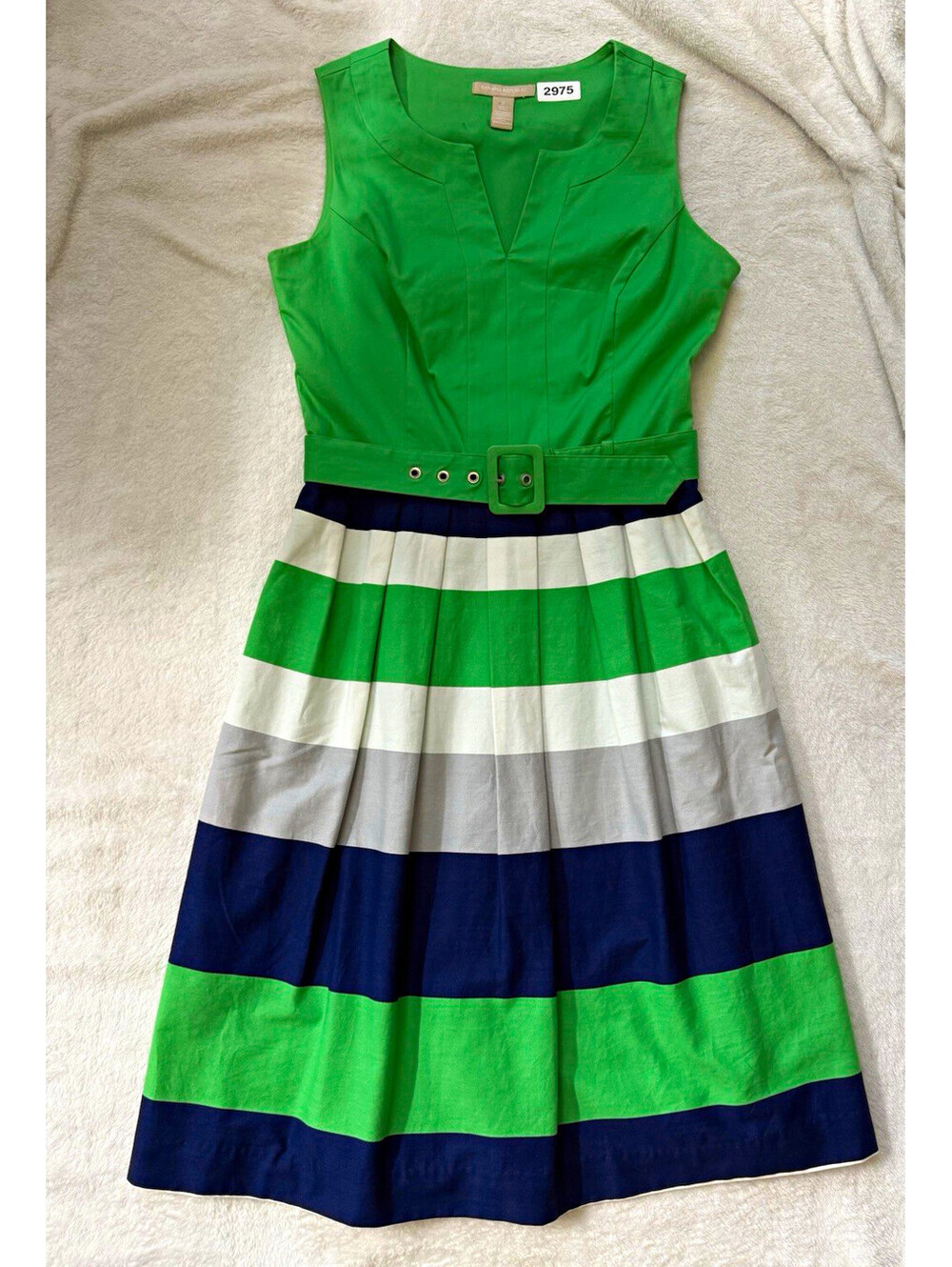 Banana Republic Womens Size 2 Green Striped Fit & Flare V-Neck Knee Dress
